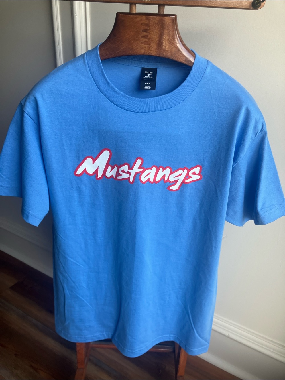 Hanes Blue T-Shirt with White and Red Mustangs Script